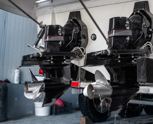 Big Luxury Cabin Motorboat Cruiser Yacht Engine At Trailer Ramp